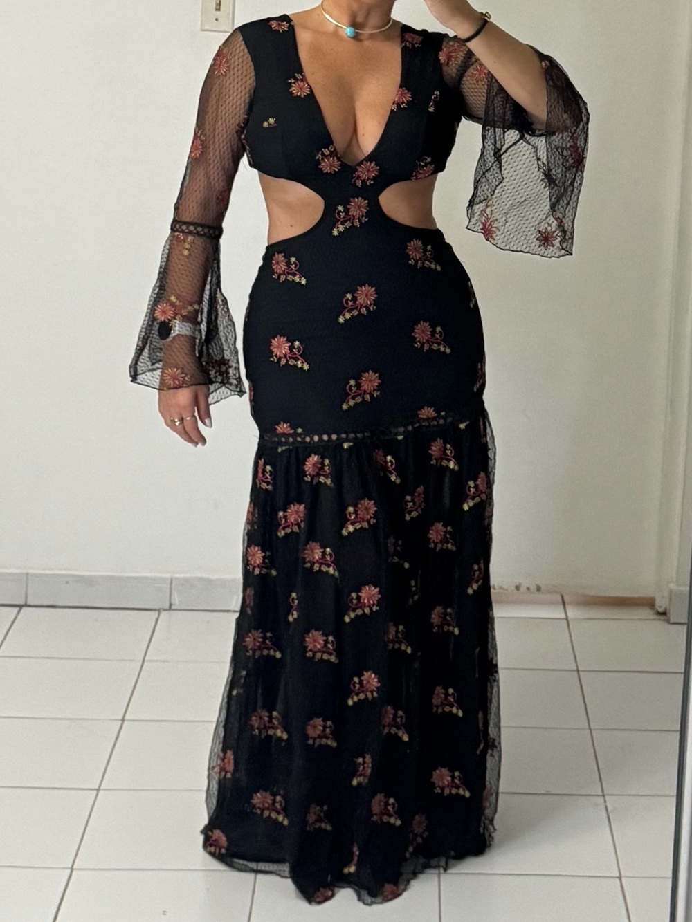 Black Floral Cutout Maxi Dress with Sheer Bell Sleeves and Deep V